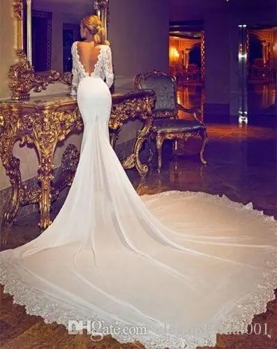 2018 sexy backless vestido de noiva V-ausschnitt Lace Long Sleeves Mermaid Lange Zug Brautkleid mutter der braut kleider