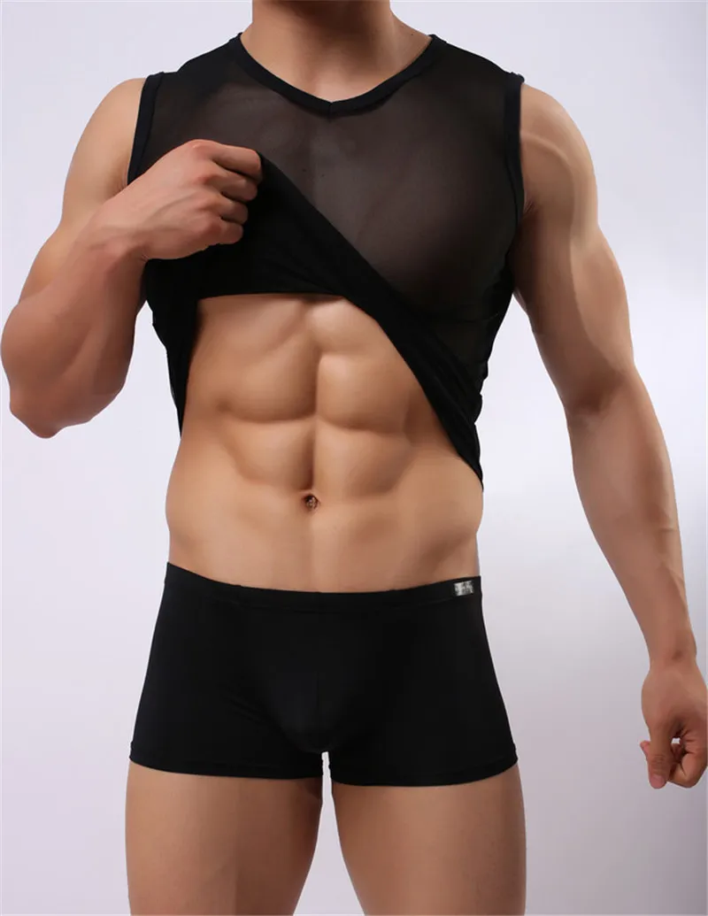 Mannen Sexy Gym Spier See-Through Ondergoed T-Shirt Mouwloos Mesh Top Hemd Nachtkleding