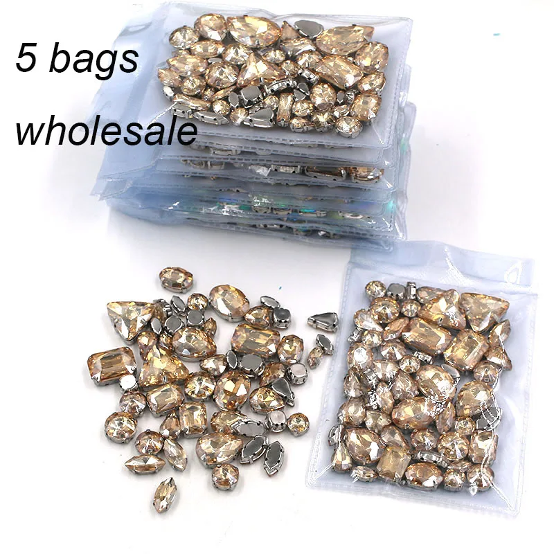 Wholesale 5 bags Champagne mixed shape rhinestones glass crystal sew on rhinestones whth sliver base claws diy clothing