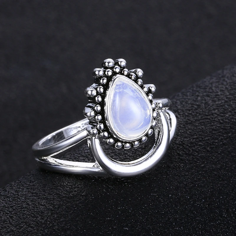 Charm Large Antique Marquise Created Moonstone Rings 925 Silver Women\'s Vintage Punk Jewelry Ring Unique Anniversary Party Gift
