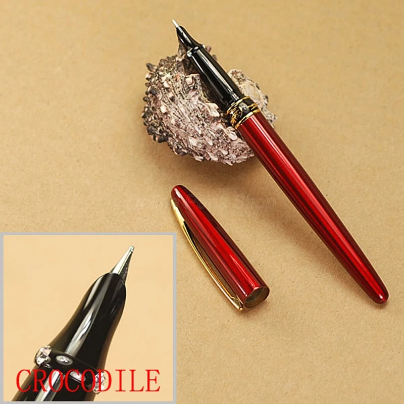 Crocodile 215 Popular Metal Fine Nib Writing Gift Ink Pen Vivid Red Financial Fountain Pen