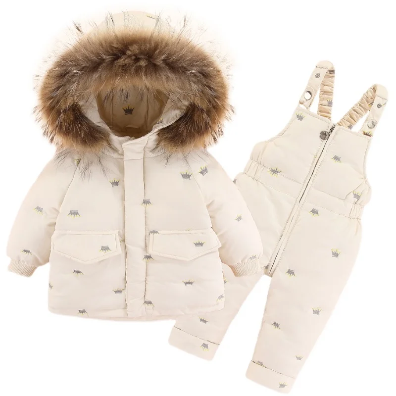 2pcs Set Baby Girl Winter Down Jacket and jumpsuit for Children Thicken Warm Real fur collar Jacket for Girls Snowsuit 0-3Year