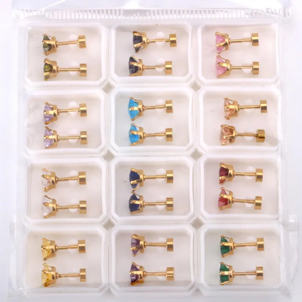LUXUSTEEL 12pairs/lots Women Earrings Stainless Steel Wholesale Star Colorful Cubic Zirconia Screw Stud Earring Fashion Jewelry