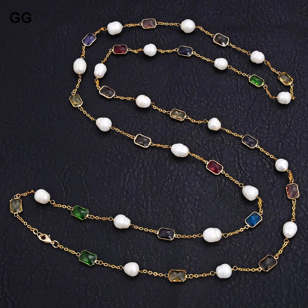 G-G Natural Pearl  64\'\' Natural White Rice Pearl Crystal Gold Color Plated Chain Long Necklace For Women