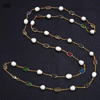 G-G natural pearl 64'' natural white rice pearl crystal gold color plated chain long necklace for women