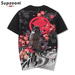 Supzoom New Arrival FashionCotton O-neck Animal Chinese Style Embroidered Carp Tattoo World Painting Loose Short T Shirt Men