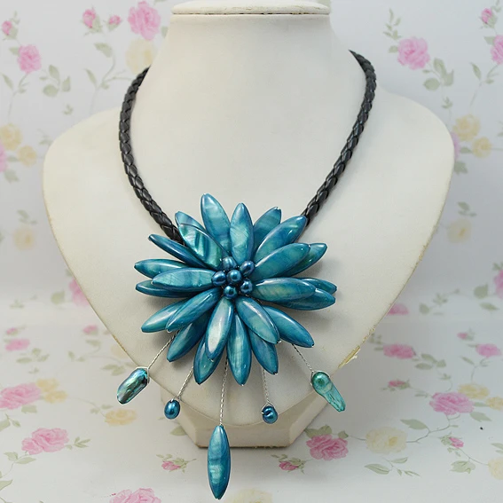 

New Arrival Favorite Pearl Jewelry Natural Blue Freshwater Pearls Shell Flower Handmade Black Rope Leather Necklace Women Gift