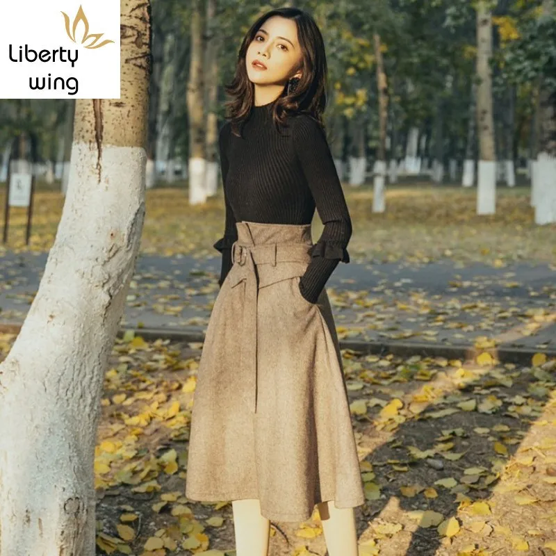 

French Women Vintage Slim Fit Turtleneck Sweater High Waist Wool Blends Skirt Two Piece Set Elegant Ladies Outfits Matching Sets