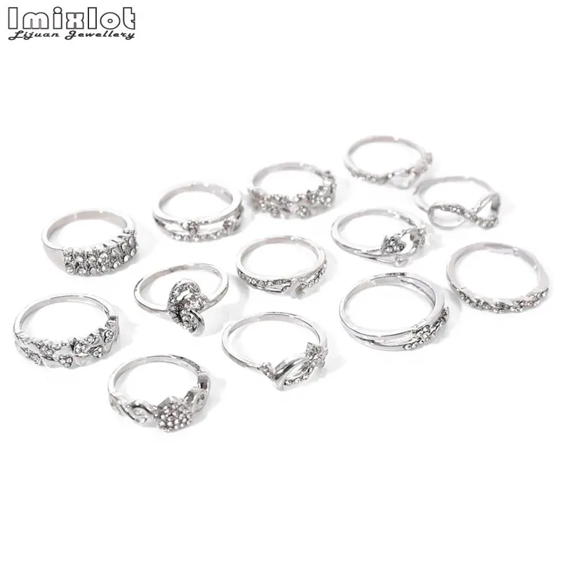 10pcs Wholesale Ring Bulk Lots Jewelry Silver Color Vintage Crystal Rhinestone Finger Rings Female Jewelry Mixed Random Style