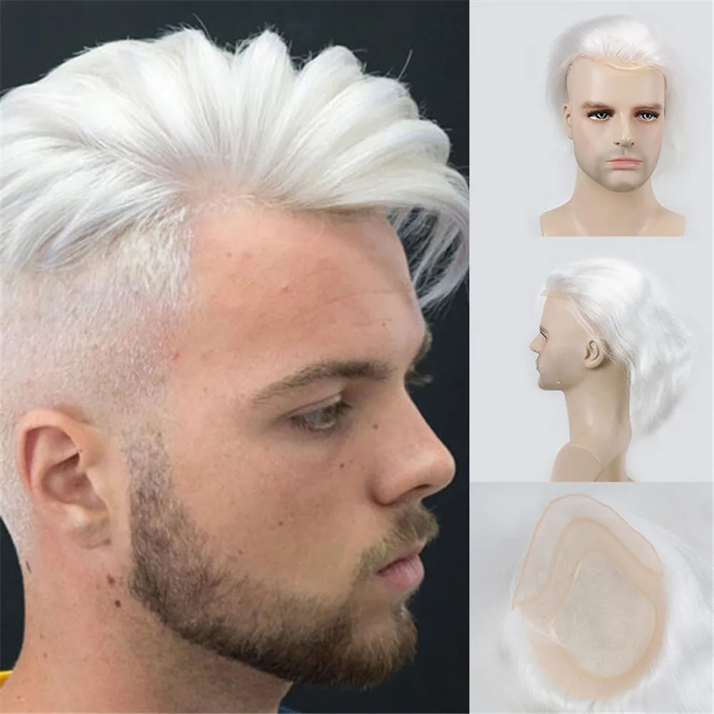 VERSALITE Human Hair Men Hairpiece Toupee French Lace Replacement For Men Wig Thin Skin European Remy Hair Pure White Color 10x8