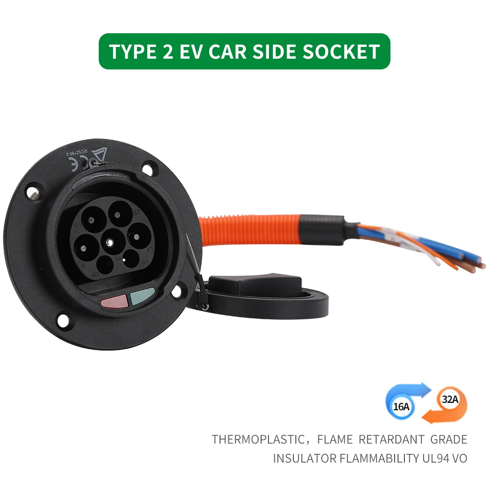 32A Electric Vehicle Charging Socket With 50Cm Cord EV Type 2 IEC62196-2 Connector  AC Charging Inlet Socket