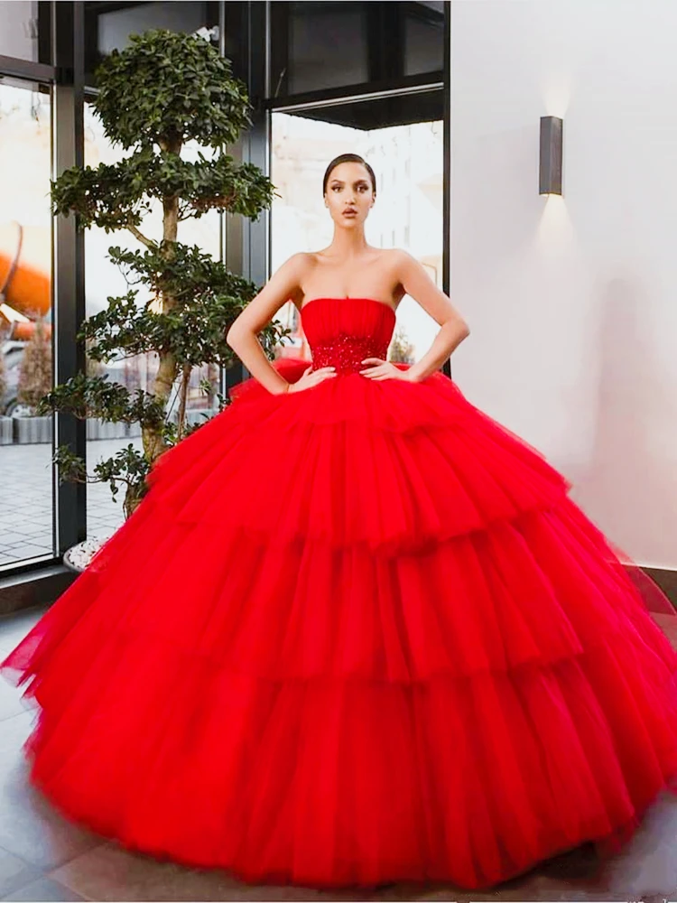 Strapless Tule Tiered Baljurk Quinceanera Jurken Geplooide 2021 Sexy Aangepaste Lange Prom Party Avondjurken