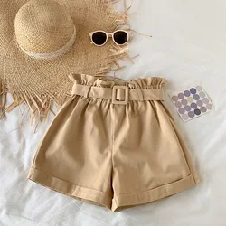 Pantalones cortos informales de pierna ancha para mujer, Shorts ajustados de cintura alta con cinturón, elegantes, de algodón, estilo coreano, novedad de primavera y verano 2023