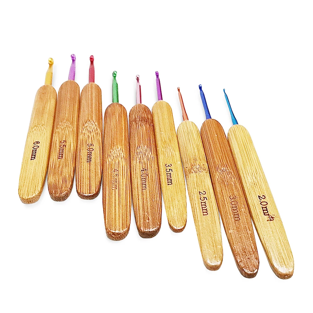 9Pcs Colorful Bamboo Handle Aluminum Crochet Hooks Knitting Needles Set 2-6mm Crochet for Weave Sewing Needles Tool