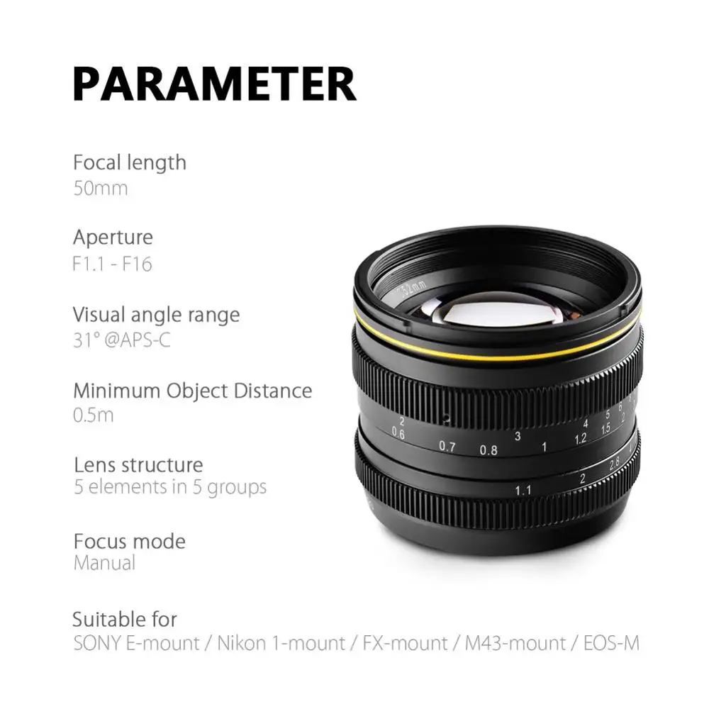 Kamlan 50mm f1.1APS-C Canon EOS-M SONY E-마운트 Fuji X M4/3 미러리스 카메라용 대형 조리개 수동 초점 렌즈