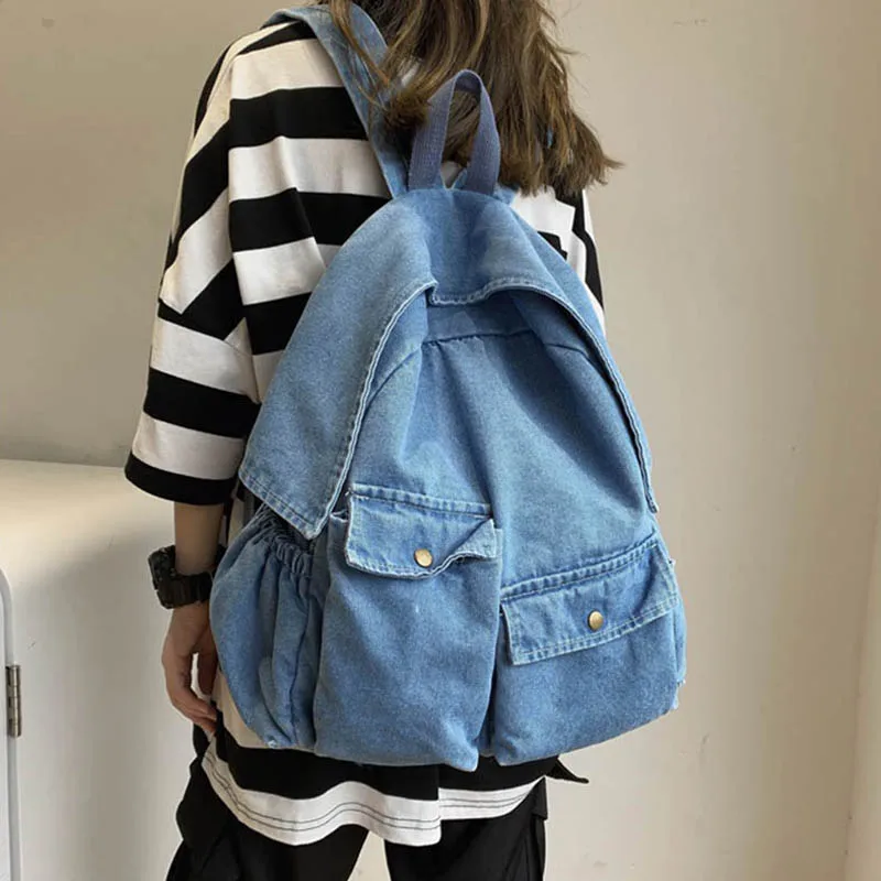 Wehyah Denim Backpack Women Designer Back pack Purse for Women Personality Schoolbag Korean Casual Bag Travel Jean Solid ZY015