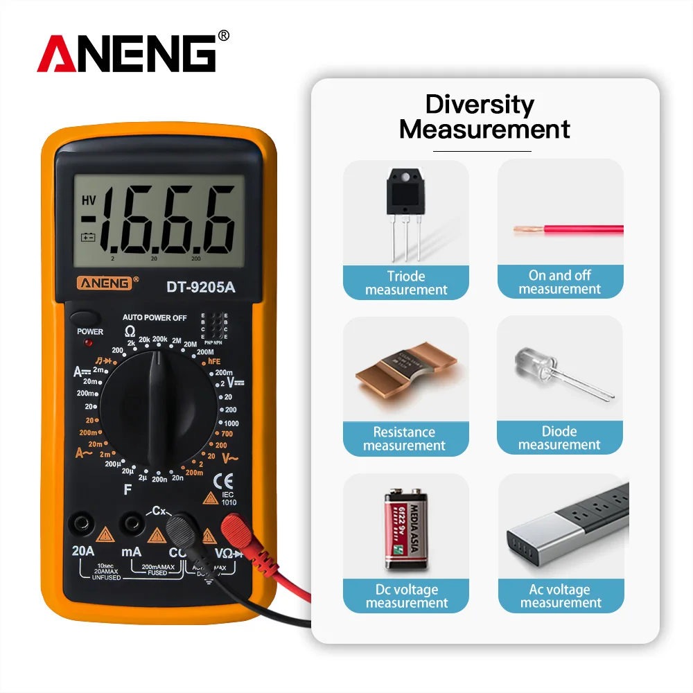 DT9205A LCD Digital Multimeter Electric Handheld Ammeter Voltmeter Resistance Capacitance AC DC Power Meter Tester