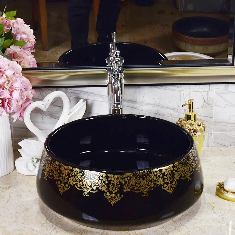 

Chinese Gold flower ceramic sink ceramic wash basin bathroom basin black