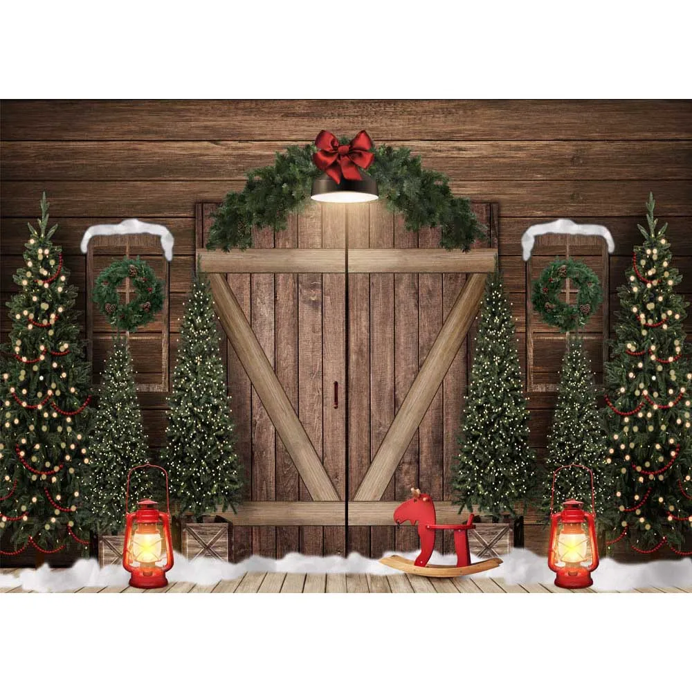 Mocsicka木製ドア壁クリスマスツリーの背景松花輪雪の子の写真の背景の小道具写真スタジオ