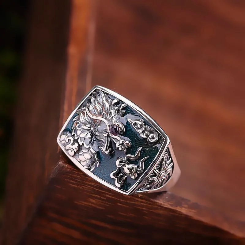 S925 sterling silver ring revintage Thai silver living men ring fortune transfer jewelry dragon ring auspicious cloud decoration