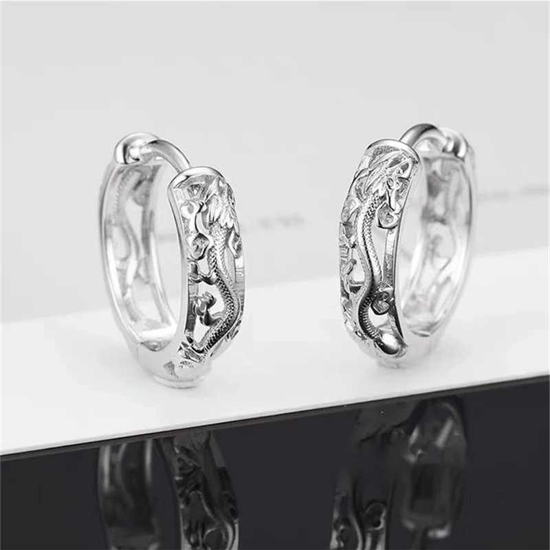 New Trendy Hollow Dragon Earrings Men Hoops Jewelry Gift  Retro Ethnic Silver 925 Earrings Male Party Accessories On Ear Buckle