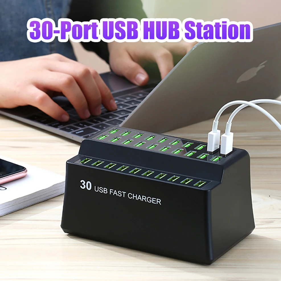 30-Port USB Hub Charger Power Adapter Wall Fast Charging Dock Station 180W for Apple iPhone iPad Samsung XIAOMI Smartphone Table