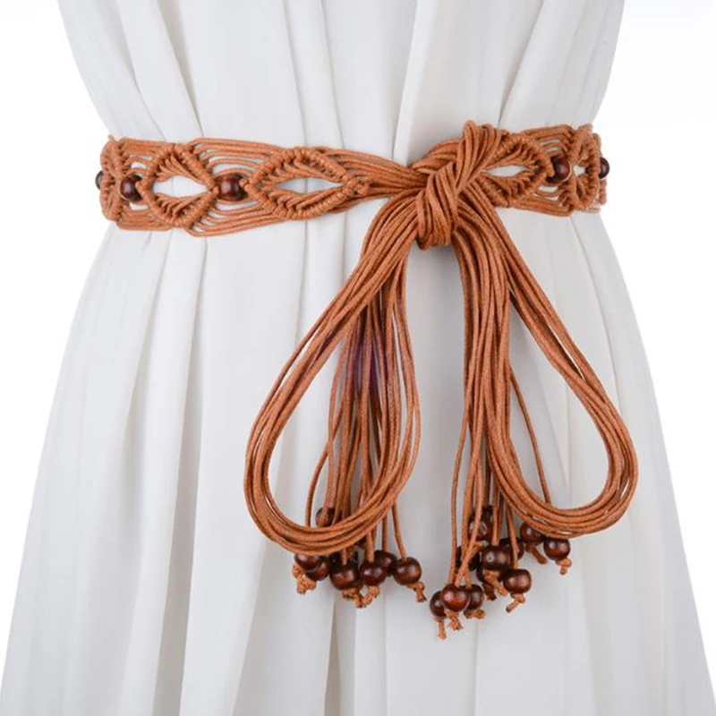 Women Woven Tassel Belt Braided Waistband Tie Strap Boho Girls Wide Waist Rope Chain Waist Belts For Dress Waistband Accessories