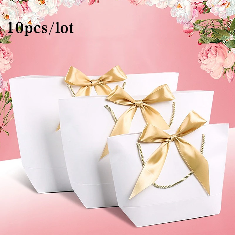 

Favor Bow Ribbon Gift Bag, Recyclable DIY Paper Bags for Clothes, Wedding, Birthday Party with Handles, Celebration Decor, 10Pcs