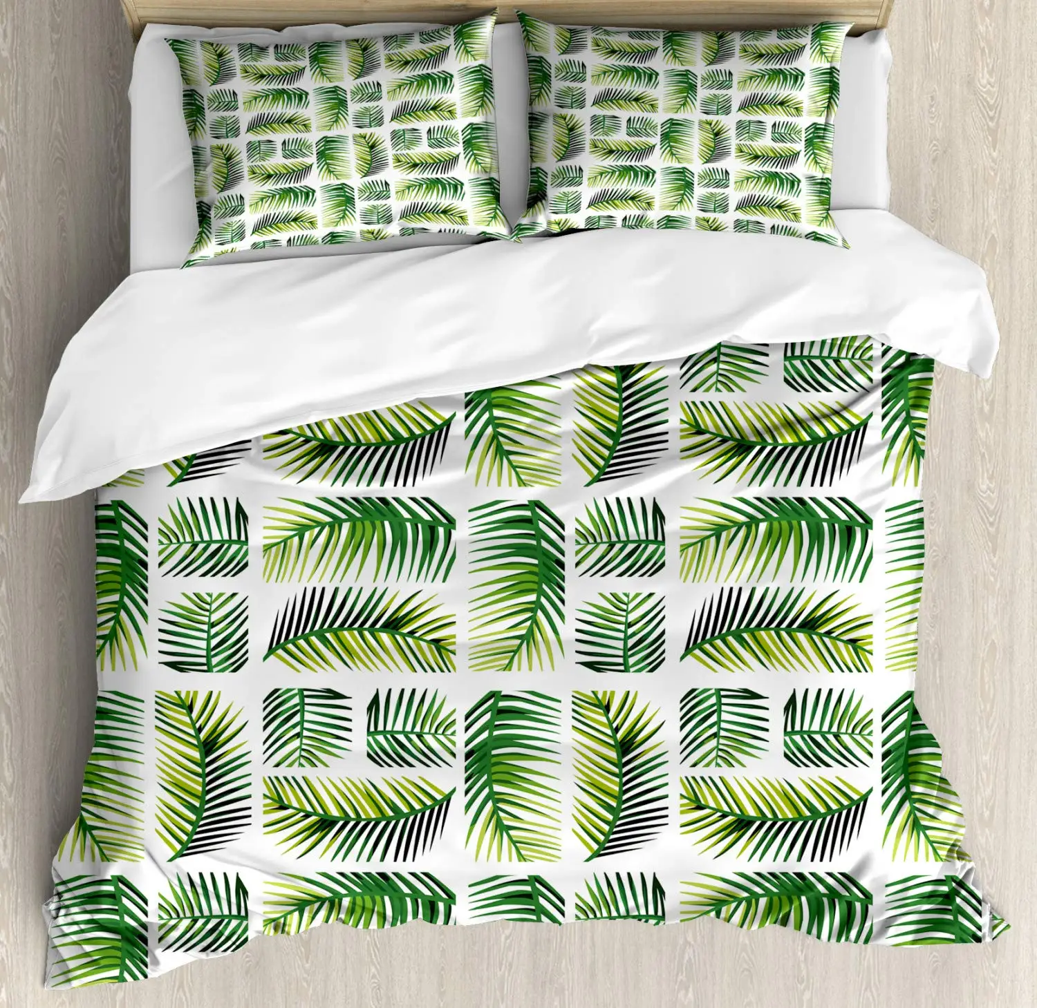 Leaves Duvet Cover Set Arrangement of Vertical and Horizontal Plantation 3 Piece Bedding Set Fern Green Apple Green Lime Green