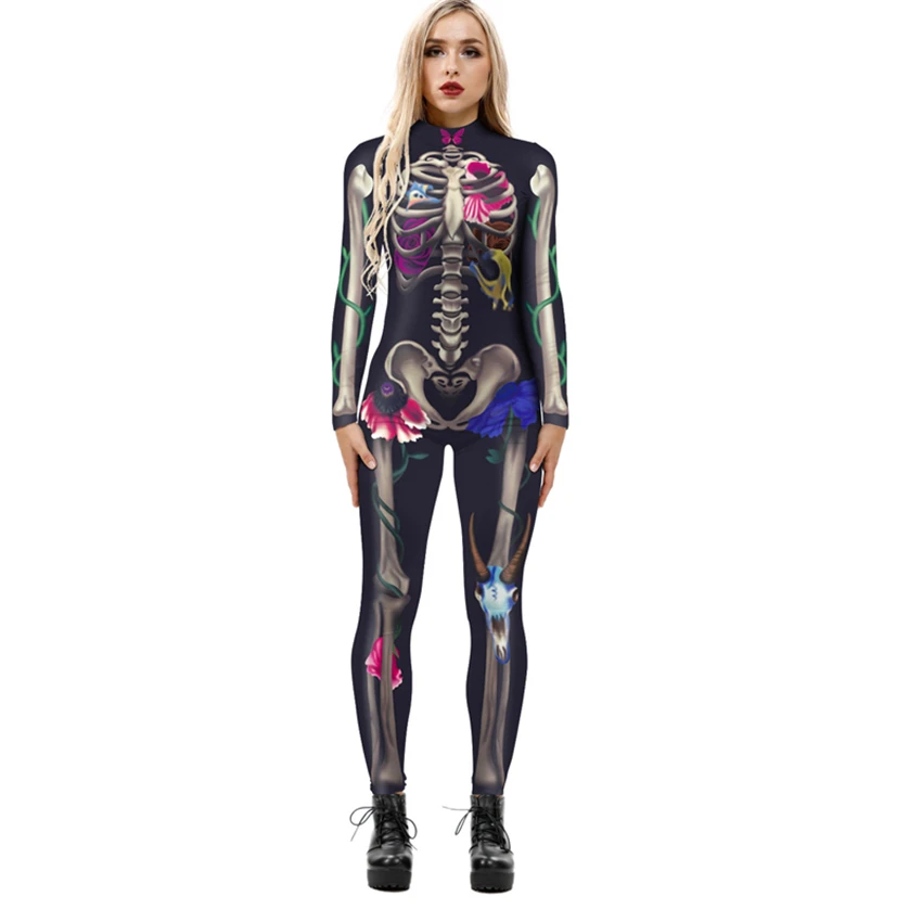 Kostium na Halloween szkielet body kobiety straszny wampir Fancy Print karnawał Party duch dzień zmarłych Sexy diabeł kombinezon