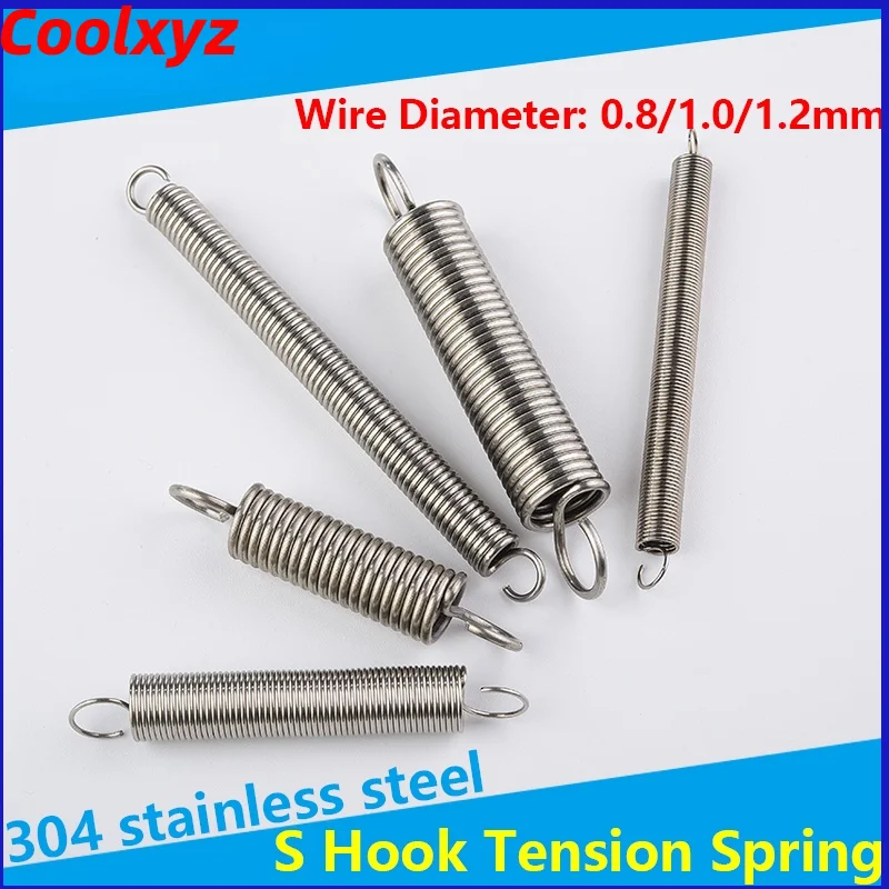 304 Stainless Steel S Hook Tension Cylindroid Helical Pullback Extension Tension Coil Spring Wire Diameter 0.8mm 1.0mm 1.2mm