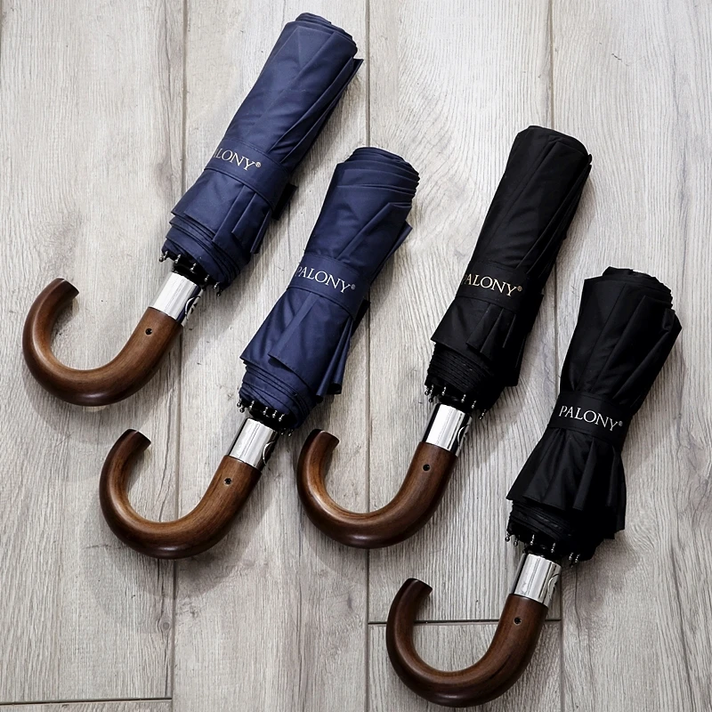 PALONY-Automatic Umbrella for Men, Three Fold, Wooden Handle, Black Coating, Sun Folding Umbrellas, 10K Windproof, New Arrival