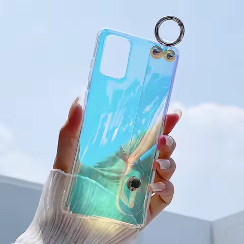 Laser Wrist Strap Bracket Phone Case For Samsung S21 Plus S20 FE S10 S9 A52 A22 A32 A12 A71 Note 20 10 Blue Ray Clear Soft Cover