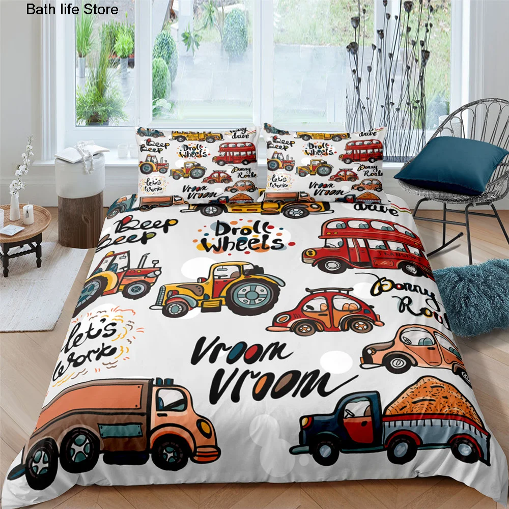 Kids Bedding Sets Excavator Tractor Comforter Duvet Cover Cartoon Car Boys Duvet Cover With Pillowcases Queen Size Decor Home