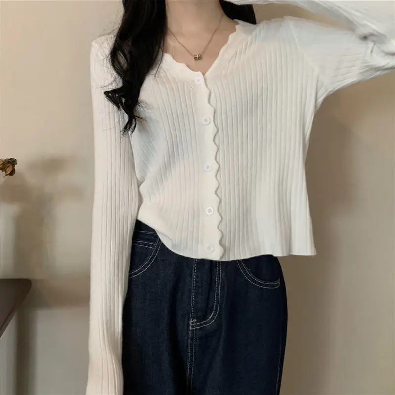 Cropped Cardigan Women Long Sleeve Slim Solid Color Knitted Simple V-neck Sweaters Elegant Outerwear Female Spring Fall Clothing