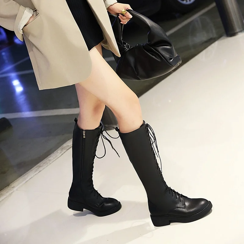 New Women\'s Long Boots Women Autumn Round Toe Flat Bottes Woman Knee High Low Heel Casual PU Leather Autunm Winter Female Shoes