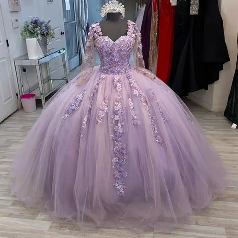 Light Purple Ball Gown Quinceanera Dress Sweetheart 2022 Applique Long Sleeves Sweet 16 Dress Pageant Gowns vestidos de 15 anos