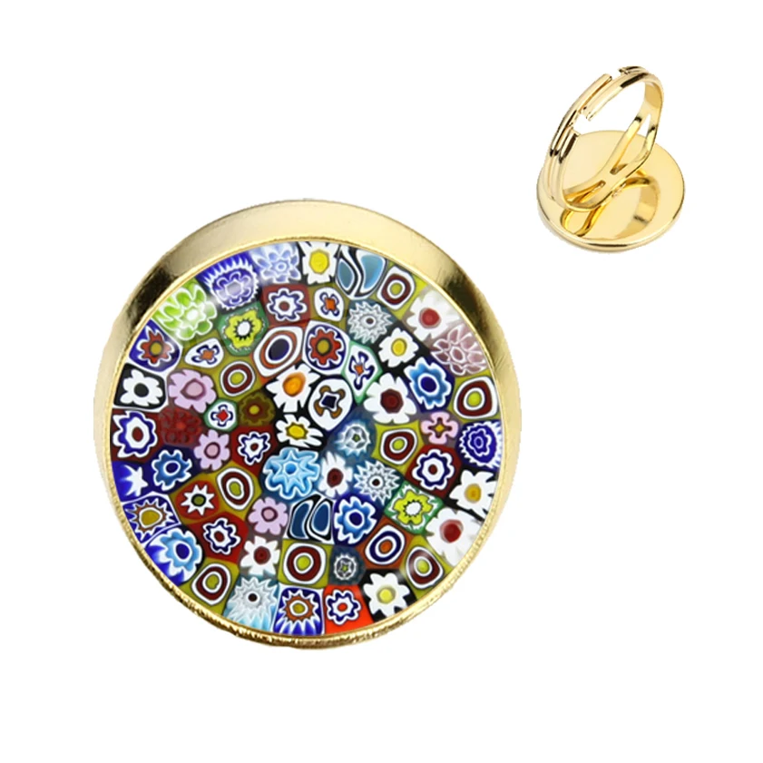 Murano Millefiori Ajustable Rings MultiColour Flower 16mm Glass Cabochon Ring Jewelry For Women Men Gift Wholesale