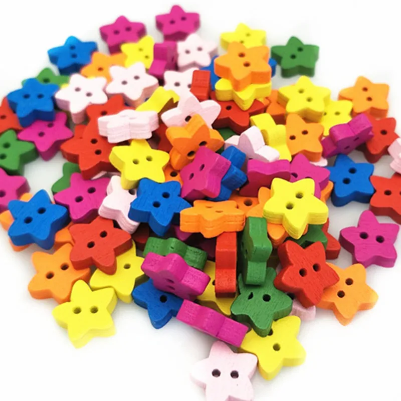 100 Pcs 13mm Colorful Wooden Star Buttons 2 Holes Clothes Button for Sewing Scrapbooking Art Crafting DIY Decoration 5BB5601