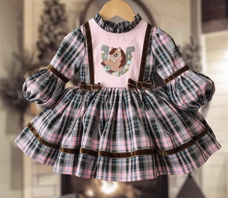 0-12Y Baby Girl Autumn Winter Pink Plaid Horse Embroisery Vintage Spanish Princess Ball Gown Dress for Eid Causal