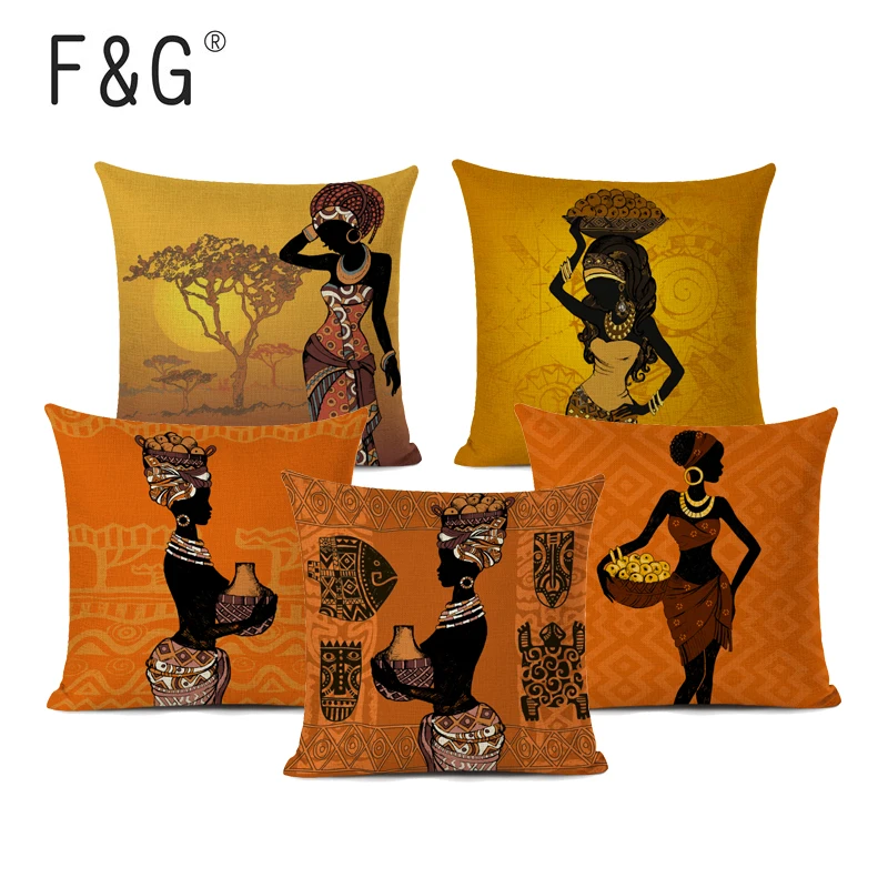 African Girl Decorative Pillow Cover Beautiful Ethnic Woman Cushion Cover Linen Color Cloth Throw Pillowcase For Sofa Home Decor