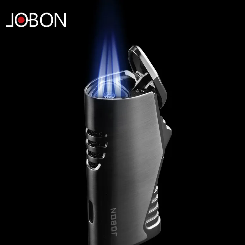 JOBON Metal Triple Torch Jet Lighter Pipe Lighter With Cigar Cutter Visible Gas Window Windproof Flame Lighter Gadgets For Men