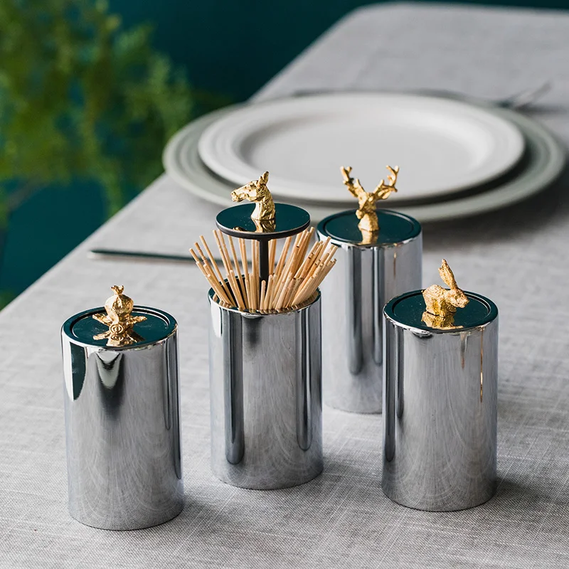 Luxury Stainless Steel Gold Silver Push Type Dining Table Toothpick Box Bird Eagle Elk Horse Head Pomegranate Figurines Cover