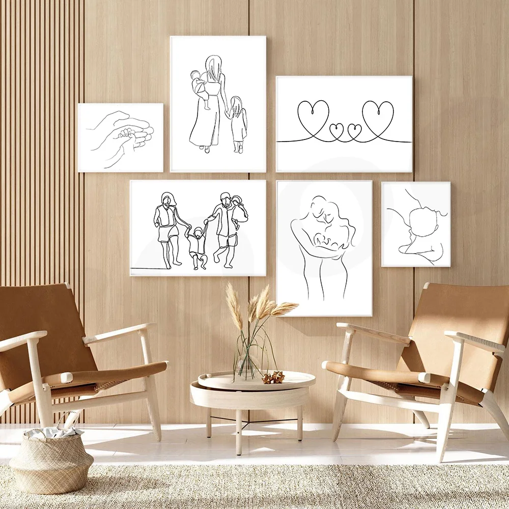 Family Together Line Draw Poster and Print Art Painting Modern Minimalist Canvas Wall Art Pictures for Living Room Home Decor
