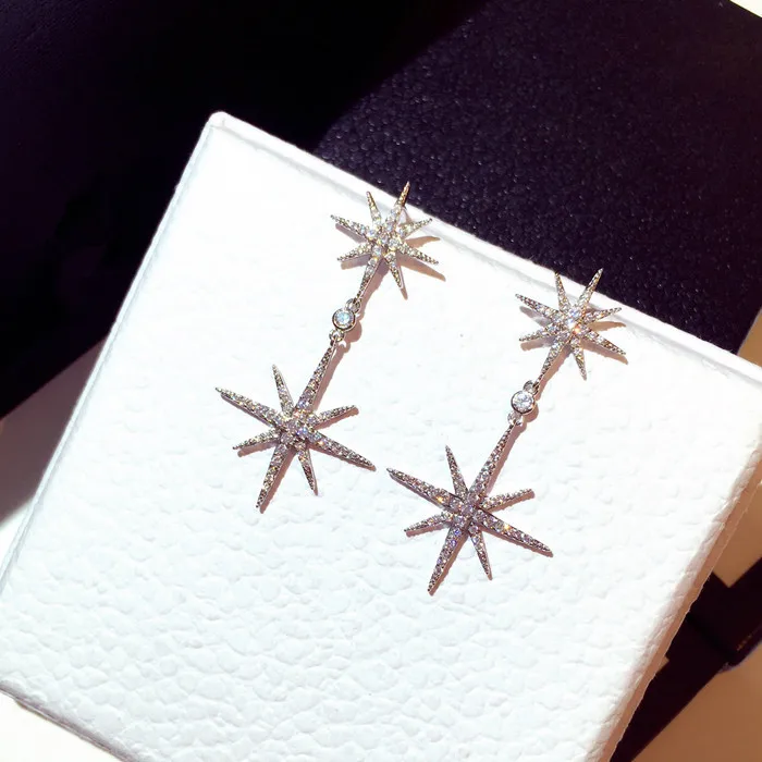 New Korean Fashion Silver Color Stars Drop Earring Exquisite Women Jewelry Super Flashing Rhinestones Snowflake Earrings
