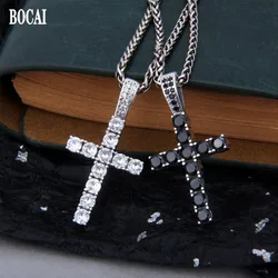 BOCAI New Real Pure Solid s925 Silver Diamond-set Zircon Black and White Cross 2021 Trendy Hip-hop Rock Man and Woman Pendant