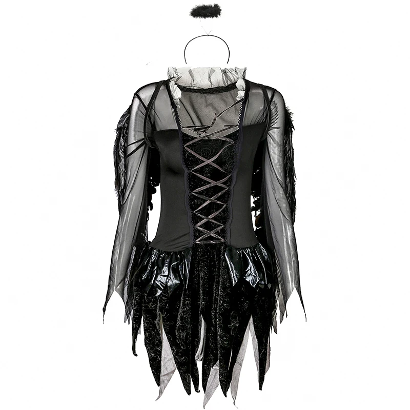 Lady Fallen Angel Dark Devil Costume Horror Raven Halo Wings Outfit Cosplay Carnival Halloween Party Dress