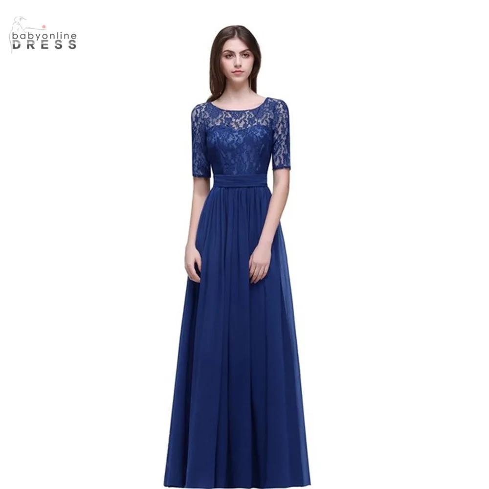 Plus Size Elegant Half Sleeve Lace Long Evening Dresses For Women Sexy Royal Blue V Back Party Prom Gowns Robe de Soiree Longue