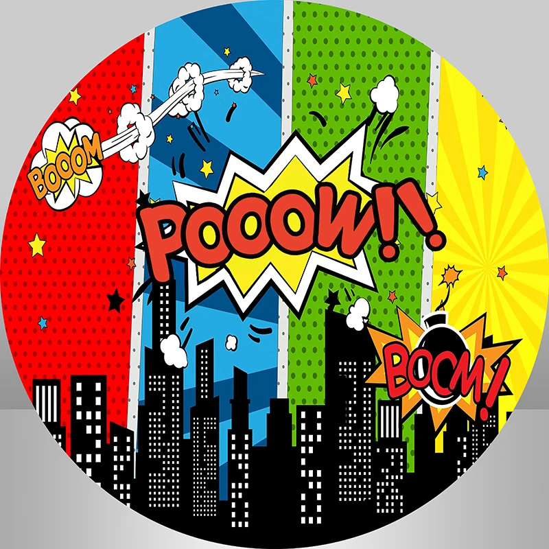 Superhero City Building Birthday Party Round Backdrop Circle Photo Background Birthday Cake Table Banner Plinth Covers