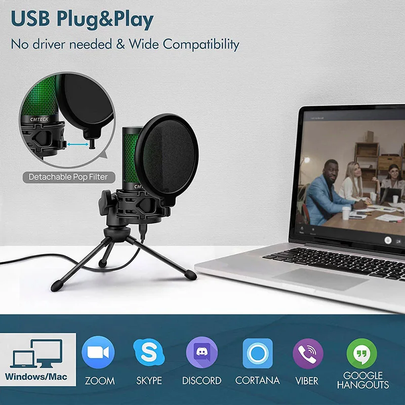 USB Microphone, Condenser Gaming Desktop Mic for PC Laptop, with Mute Button, Anti-Vibration Shock Mount, Pop Filter